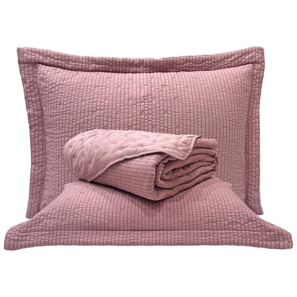 Kit Cobre Leito Colcha Casa Scarpa Anabela Queen Dupla Face Texturizado Percal 300 Fios 3 Peças - Roxo Malva