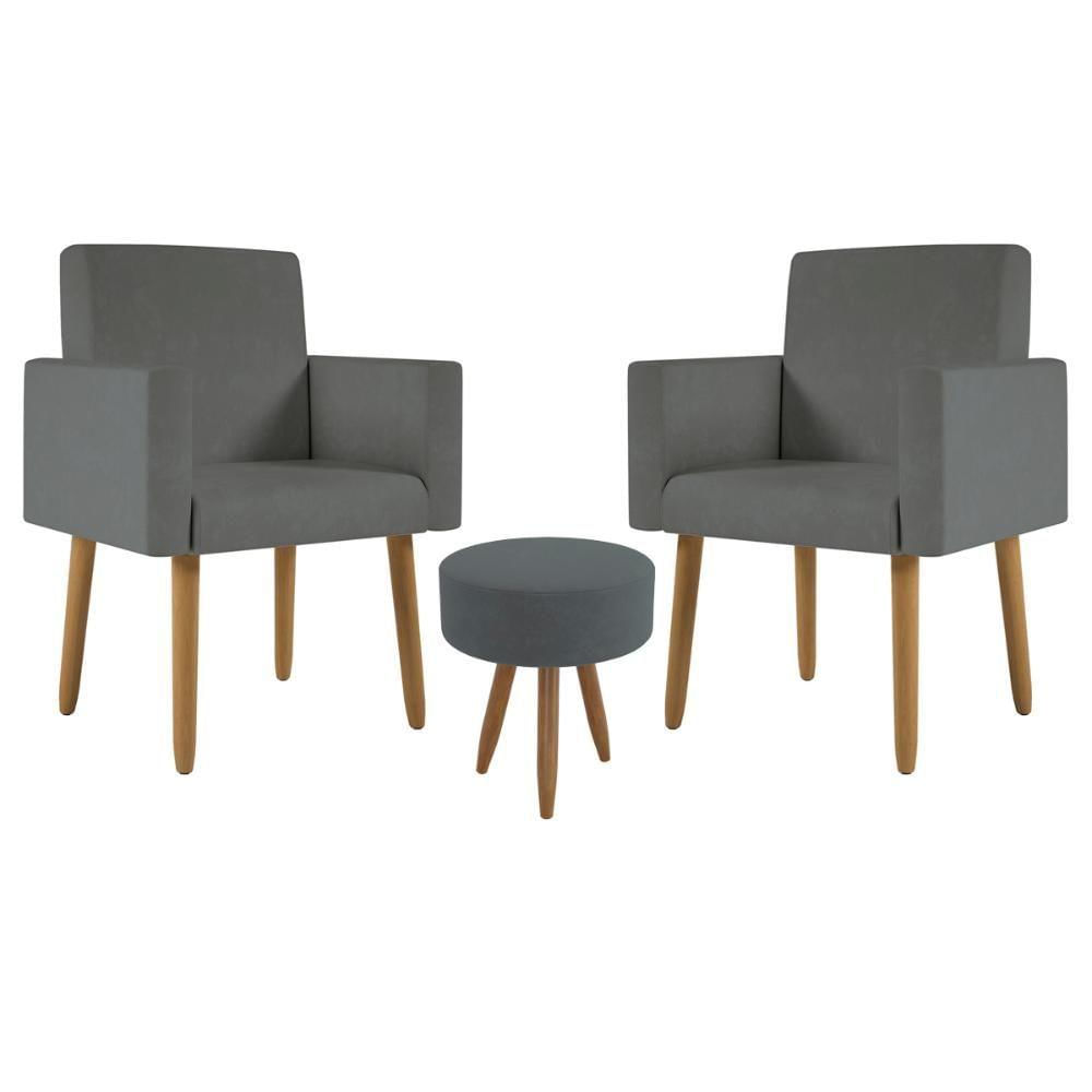 Kit 2 Poltronas Decorativa Consultorio Nina Com Puff Balaqui Cor:cinza Cinza