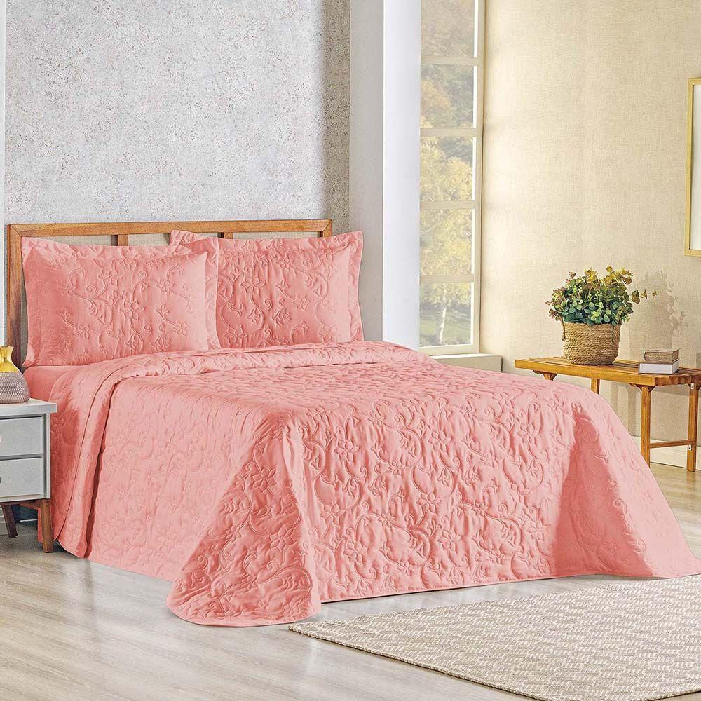 Kit Cobre Leito Colcha Celeste Queen 3 Peças Matelado Floral 180 Fios - Salmão