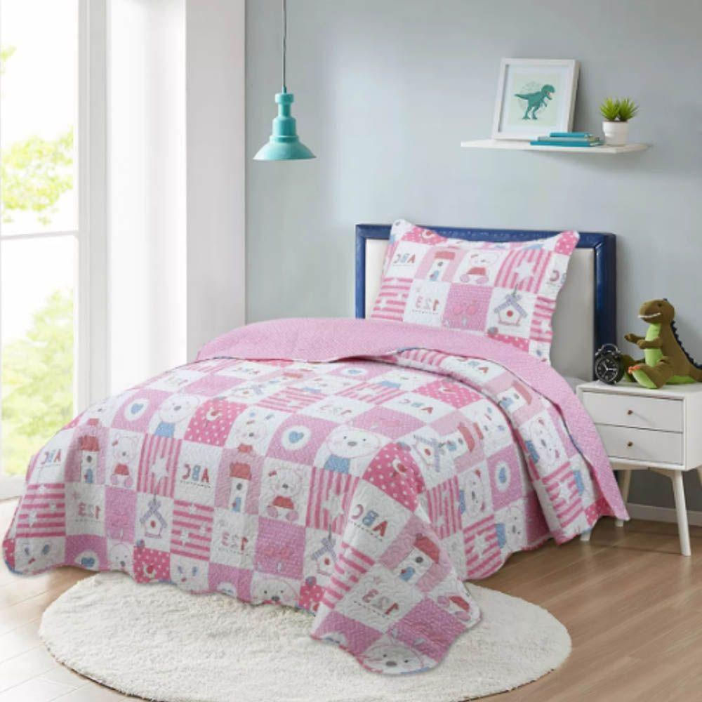 Kit Cobre Leito Colcha Magic Solteiro Infantil 2 Peças Microfibra 180 Fios Coelho Rosa 100% Poliéster