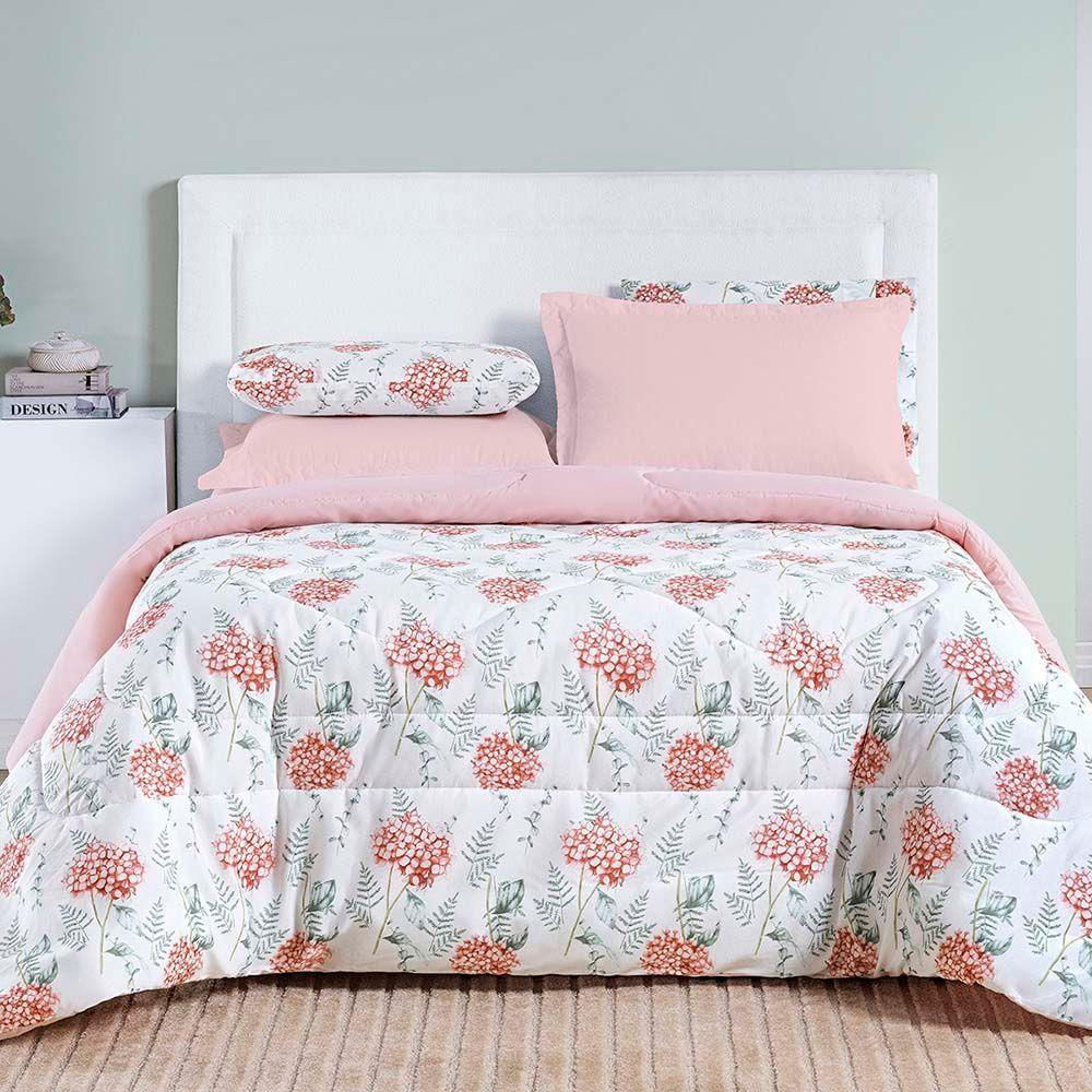 Edredom Maggy Dupla Face King 1 Peça Percale 200 Fios Estampado Hortencia Floral Rosa 80% Algodão - 20% Poliéster