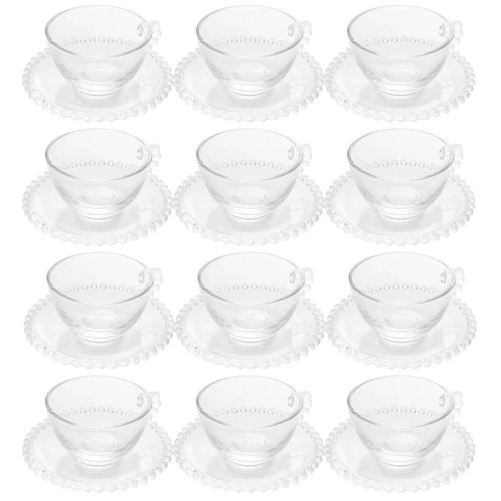 Jogo 12 Xícaras Cristal com Pires 180ml Café Chá Wolff Pearl Incolor Mesa Posta