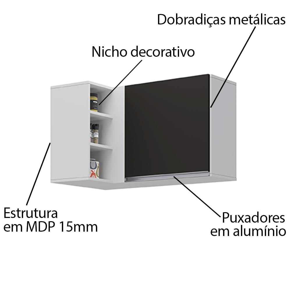 Armário Aéreo de Canto Reto Com Nicho Adega Austin Branco/Preto - Lumil