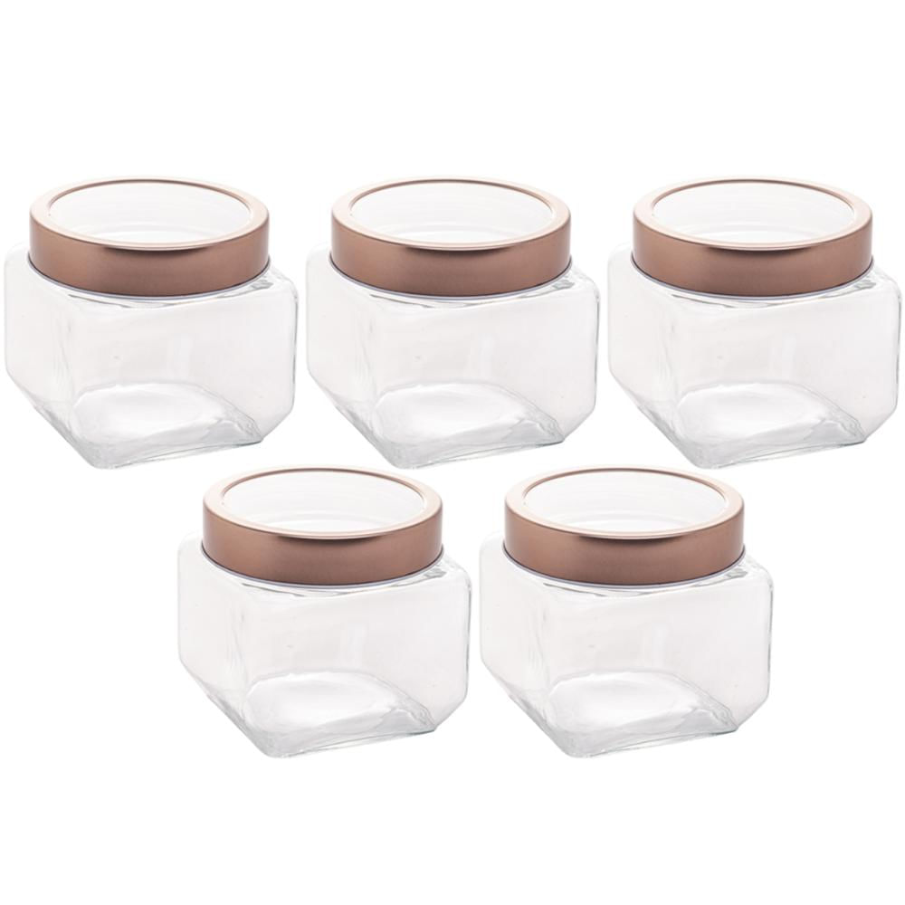 Kit 5 Potes de Vidro Tampa Metal Rose Gold 800ml Gastro Lyor