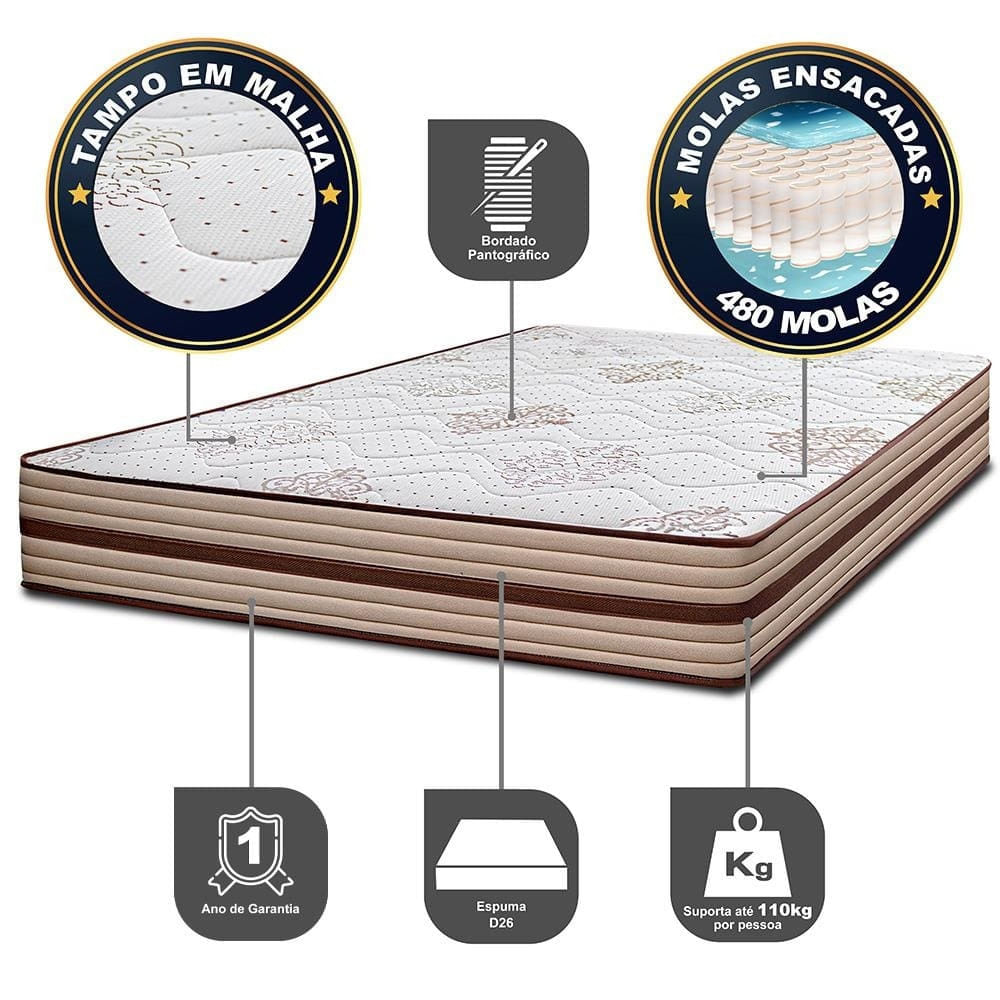 Colchão de Casal Cama InBox Livity com Molas Ensacadas e Espuma D26 Bege