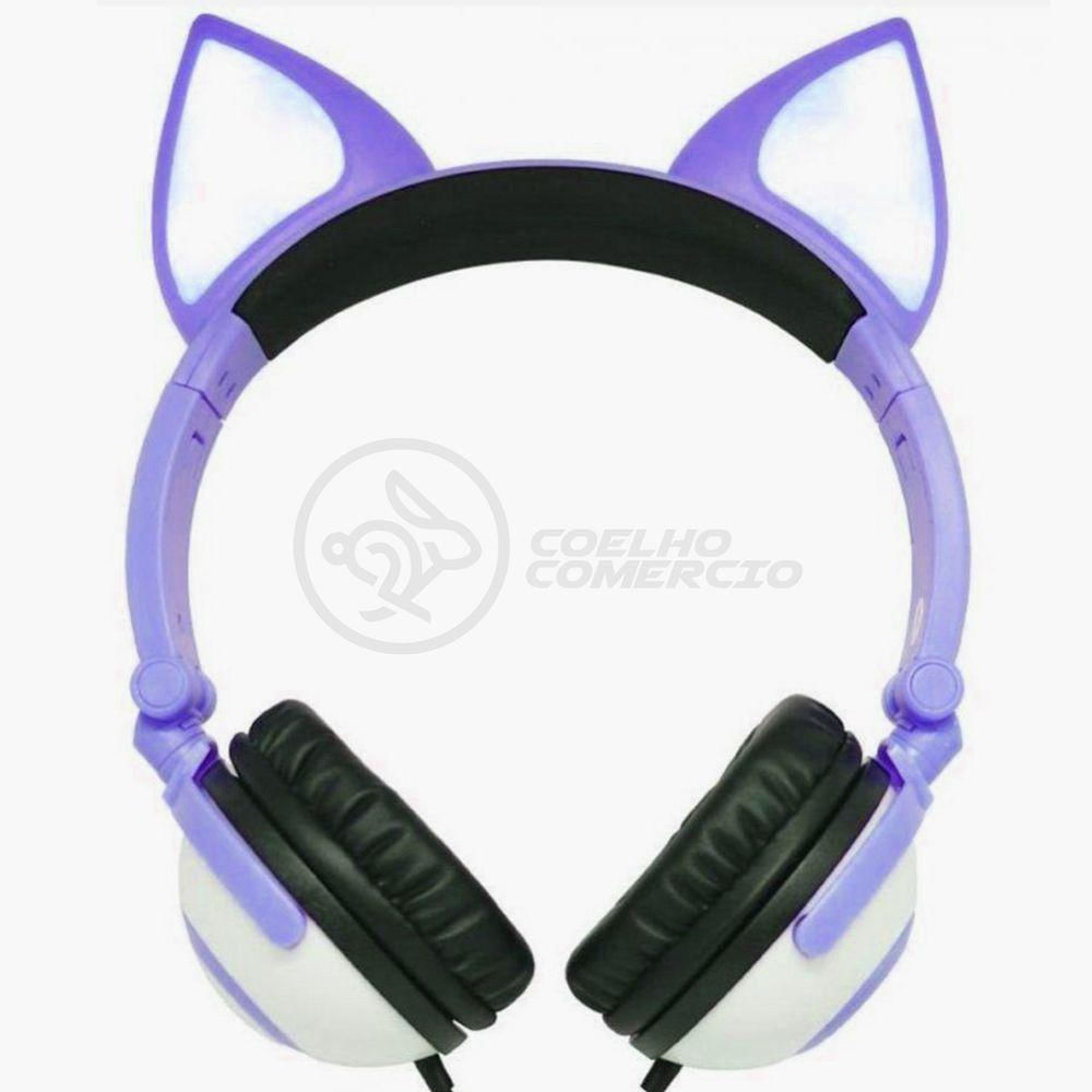 Fone De Ouvido Gatinho Led Dobrável Microfone Roxo