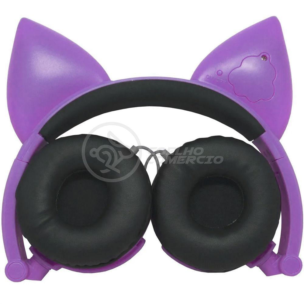 Fone De Ouvido Gatinho Led Dobrável Microfone Roxo