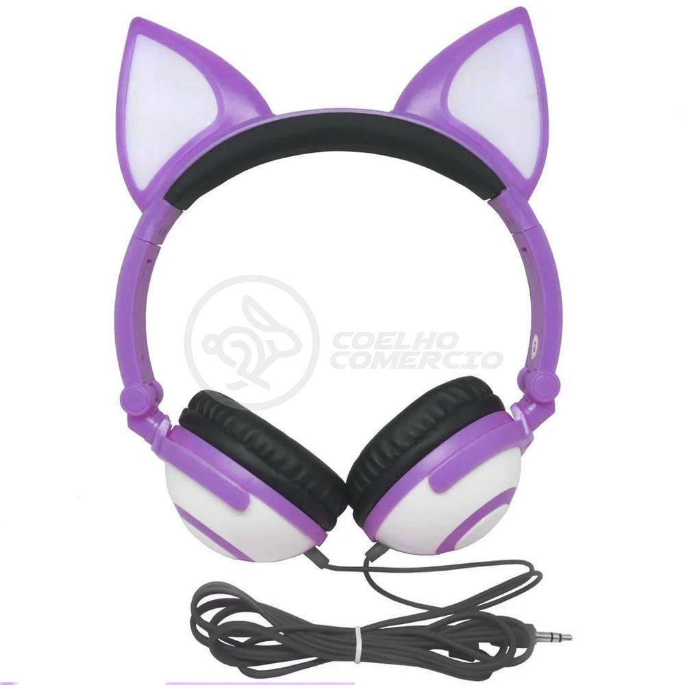 Fone De Ouvido Gatinho Fox Fio C/ Led Infantil Roxo