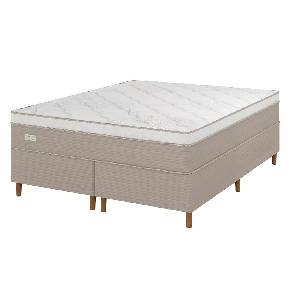 Cama Box Queen Size Umaflex Milão Bipartida com Revestimento em Malha + Colchão com Euro Pillow e Molas Ensacadas Bege e Branco