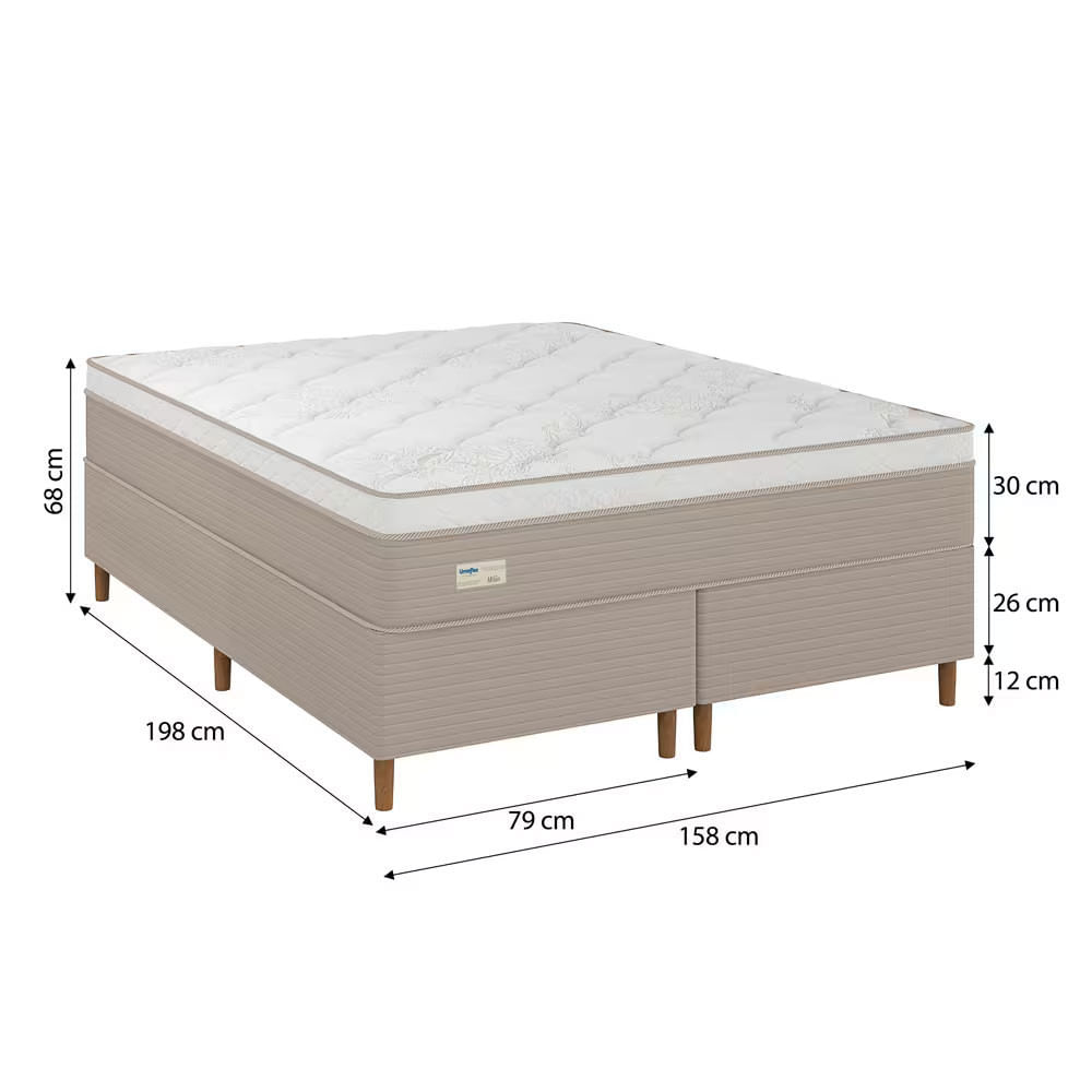 Cama Box Queen Size Umaflex Milão Bipartida com Revestimento em Malha + Colchão com Euro Pillow e Molas Ensacadas Bege e Branco