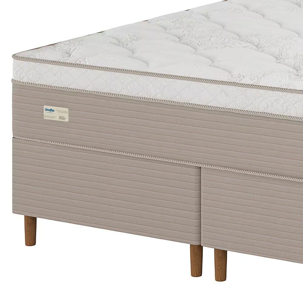 Cama Box Queen Size Umaflex Milão Bipartida com Revestimento em Malha + Colchão com Euro Pillow e Molas Ensacadas Bege e Branco