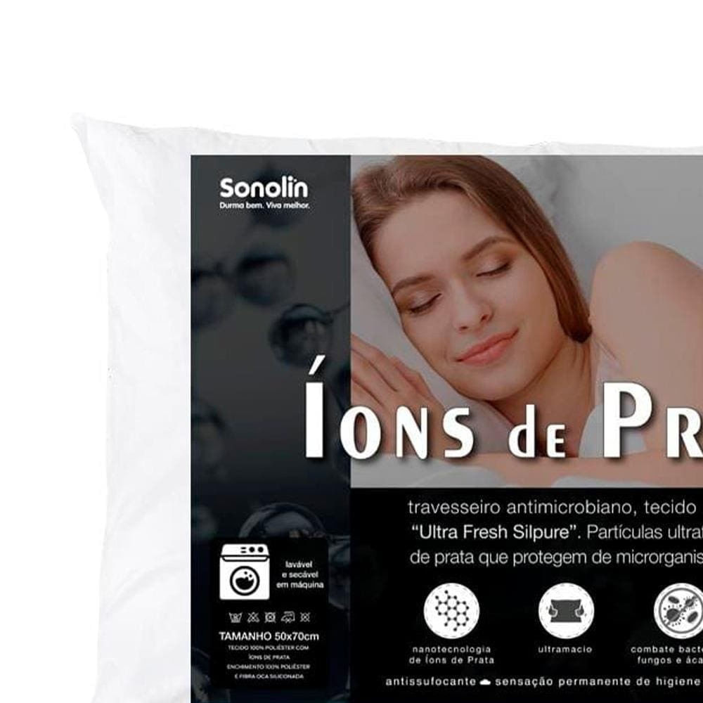 04 Travesseiros Sonolin Íons de Prata 50x70cm Branco Branco