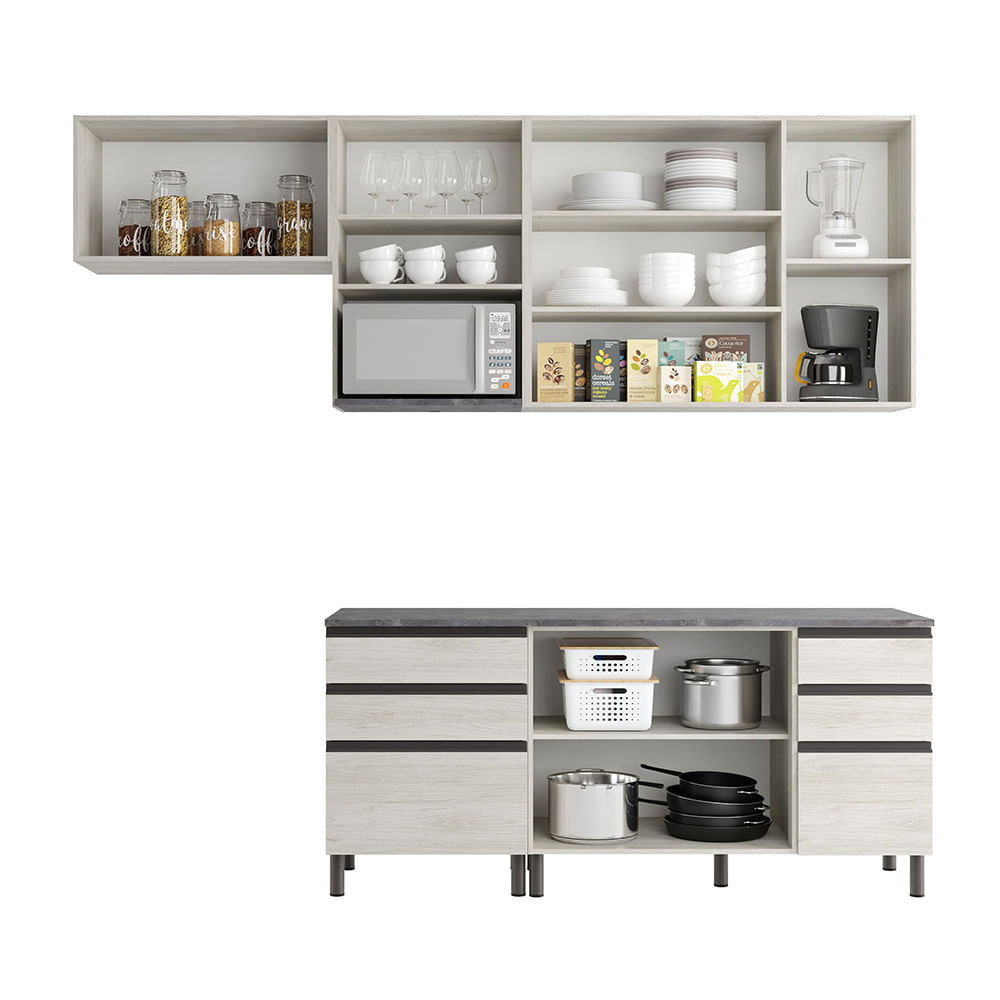 Cozinha Bartira Cristal com 7 Portas, 6 Gavetas, 4 Prateleiras e Nicho para Micro-ondas - 260cm de largura Freixo