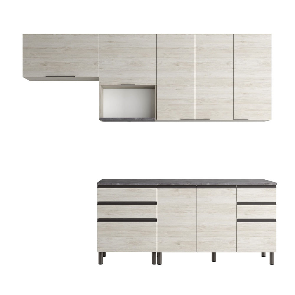 Cozinha Bartira Cristal com 7 Portas, 6 Gavetas, 4 Prateleiras e Nicho para Micro-ondas - 260cm de largura Freixo