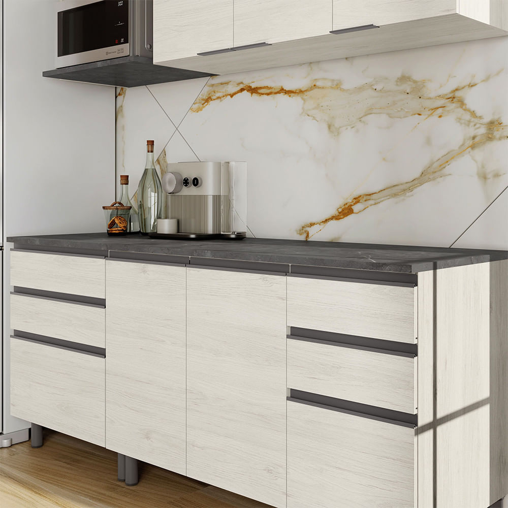 Cozinha Bartira Cristal com 7 Portas, 6 Gavetas, 4 Prateleiras e Nicho para Micro-ondas - 260cm de largura Freixo