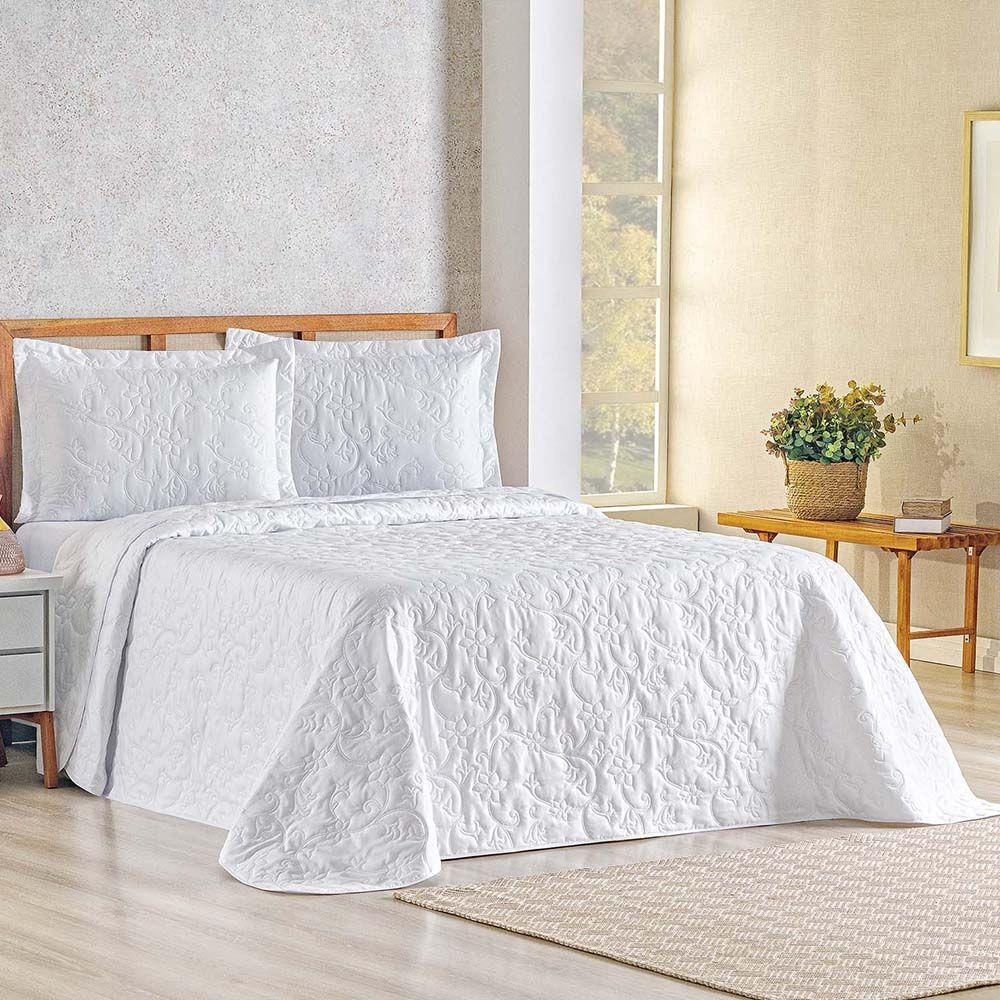 Kit Cobre Leito Colcha Celeste Queen 3 Peças Matelado Floral 180 Fios - Branco