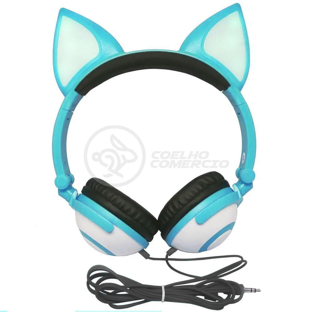 Fone De Ouvido Gatinho Fox Fio C/ Led Infantil Azul