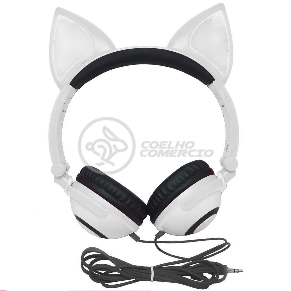 Fone De Ouvido Gatinho Led Dobrável Microfone Branco