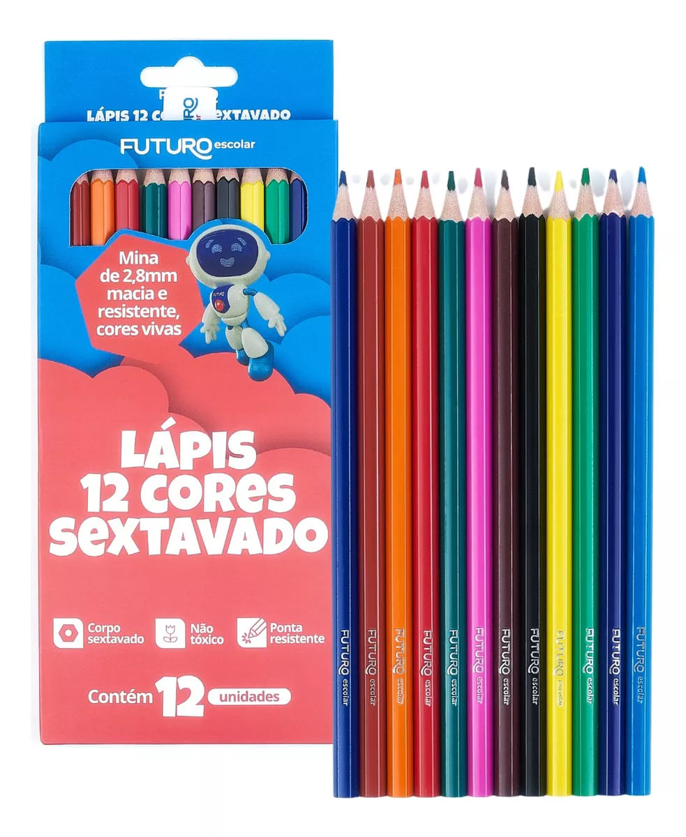 LÁPIS DE PINTAR COM 12 CORES SEXTAVADO +3 ANOS FUTURO ESCOLAR