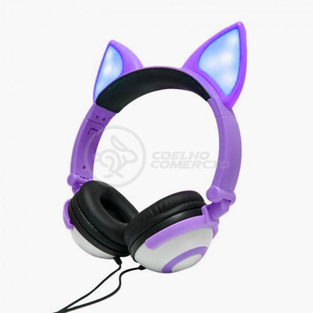 Fone De Ouvido Gatinho Fox Fio C/ Led Infantil Roxo
