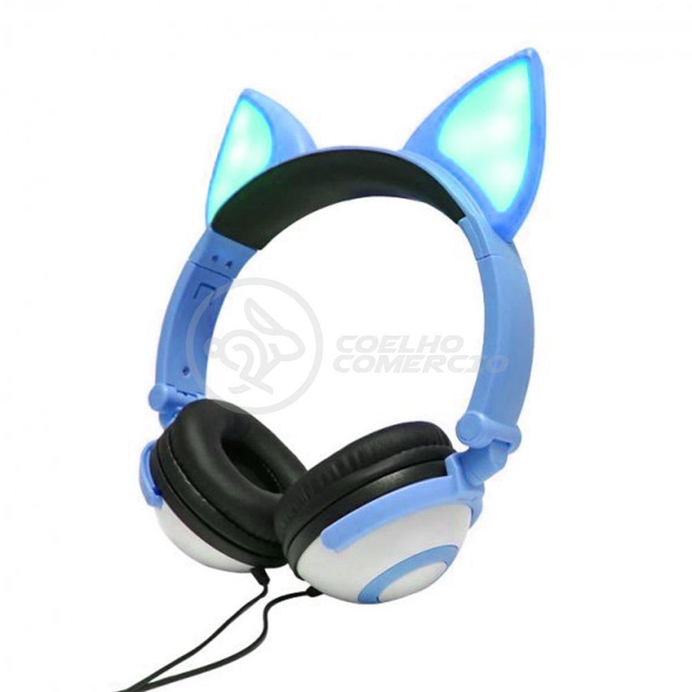 Fone De Ouvido Gatinho Led Dobrável Microfone Azul