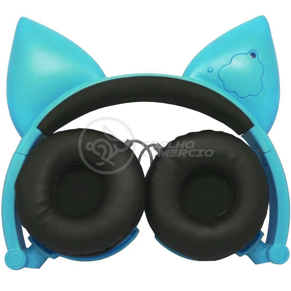 Fone De Ouvido Gatinho Led Dobrável Microfone Azul