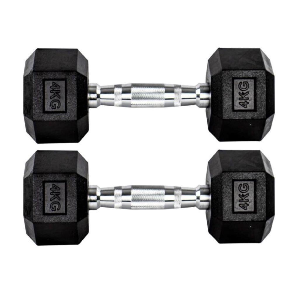 Par Halteres 4kg + 4kg Dumbbell Sextavado Emborrachado Pegada Cromada Gallant (GDb04F3B-Pt)
