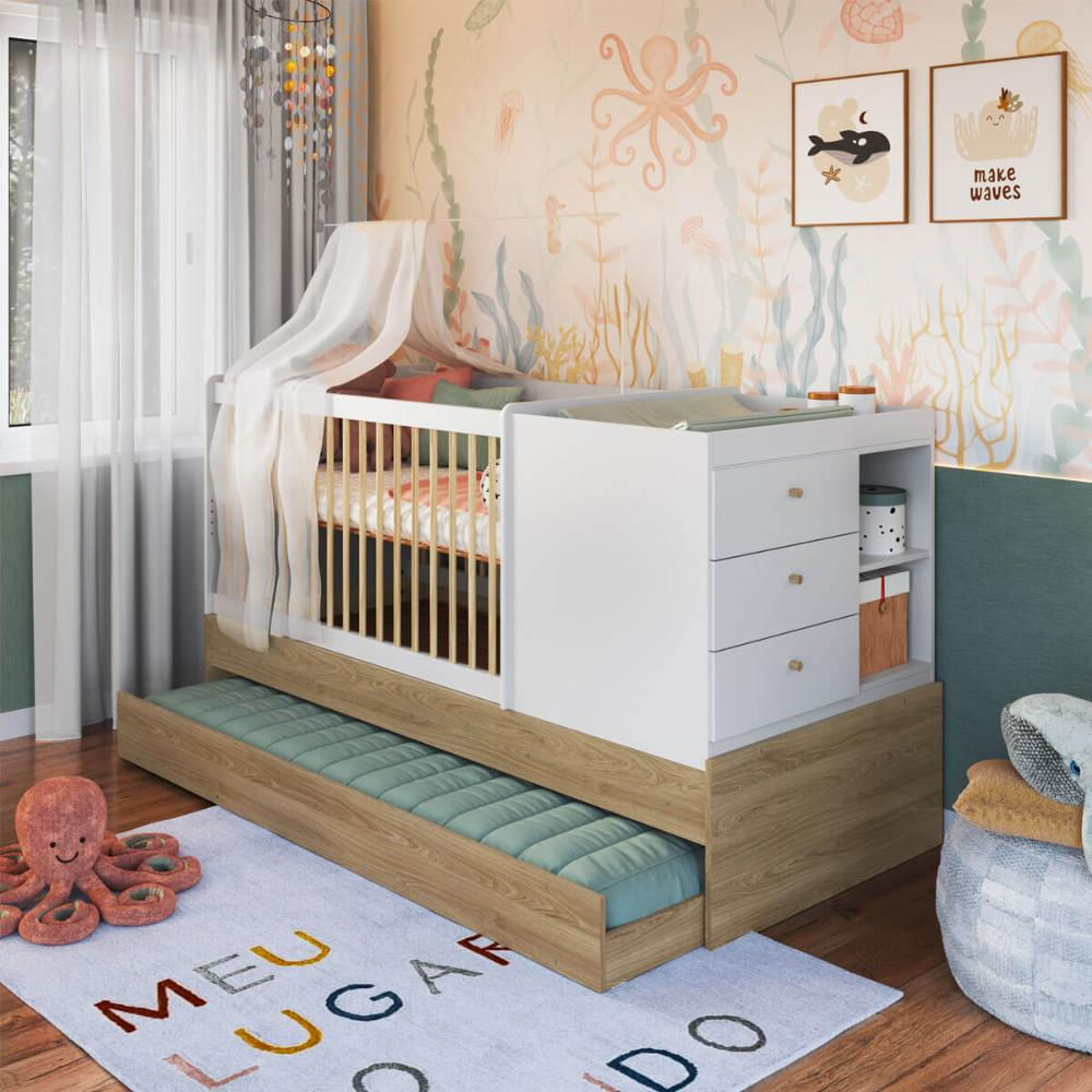 Berço Cama Multifuncional com Auxiliar Aveiro com Branco