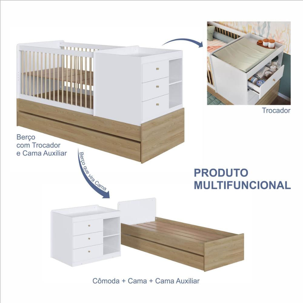 Berço Cama Multifuncional com Auxiliar Aveiro com Branco