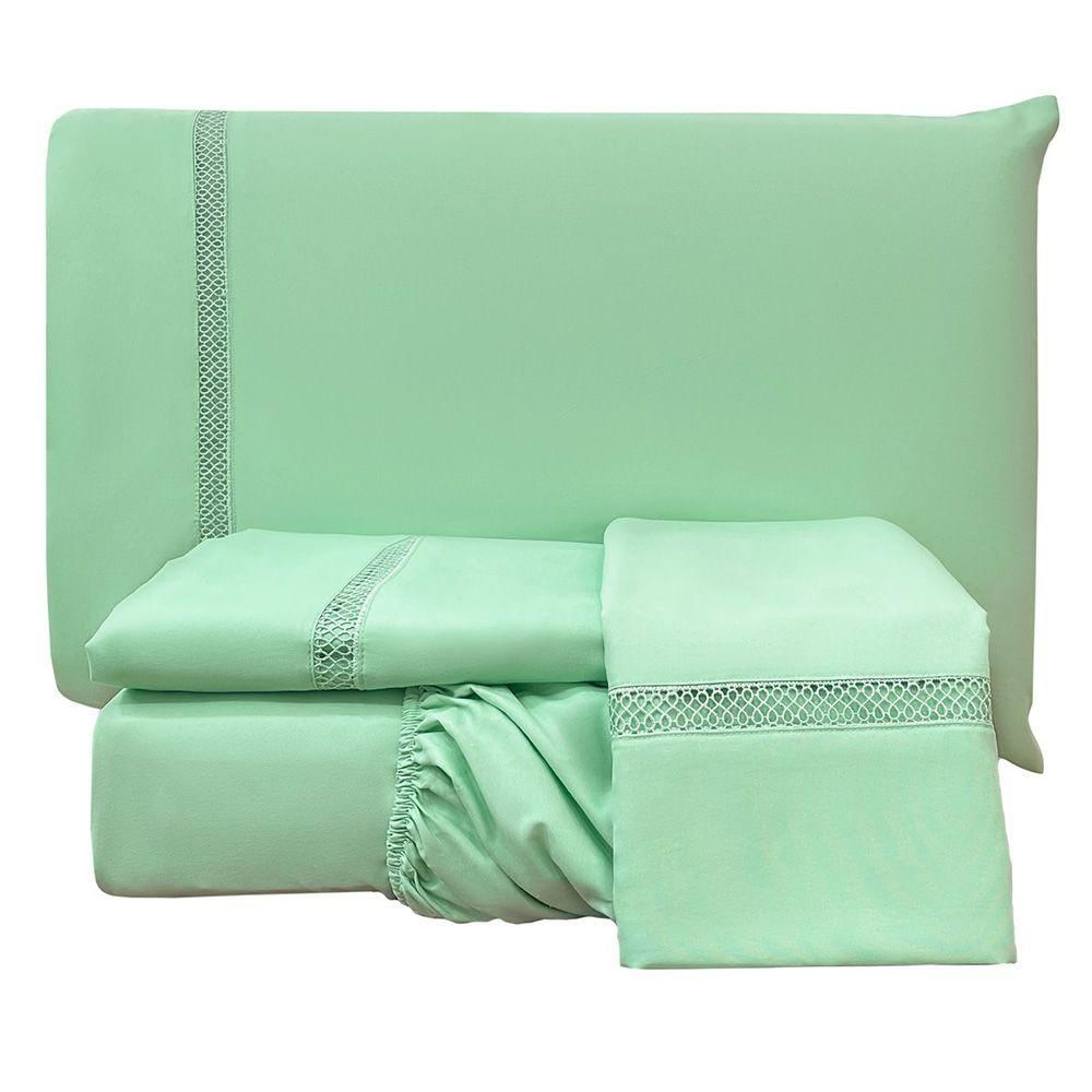 Jogo De Cama Lençol Stella King 4 Peças Percal 300 Fios Ponto Infinito Macio Verde Tiffany 100% Poliéster