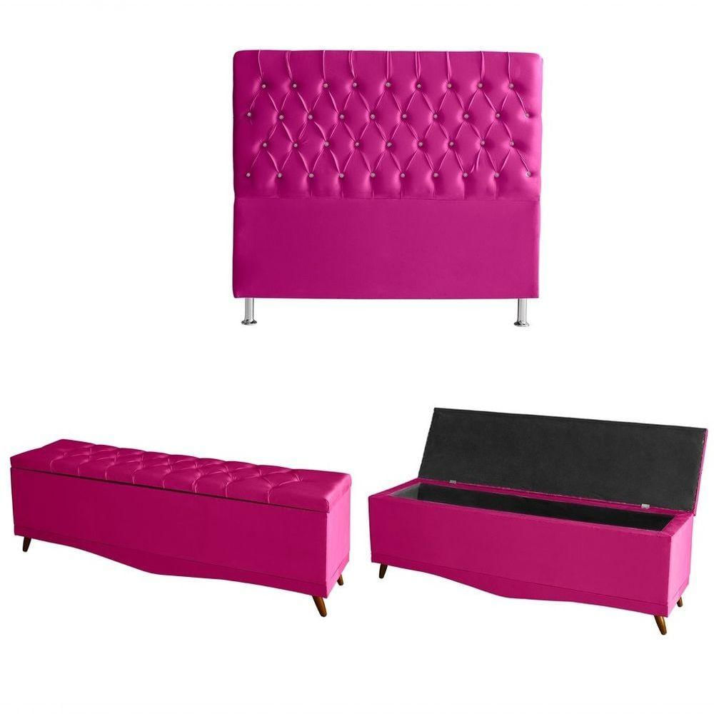Kit Estrela Cabeceira De Cama Box E Calçadeira Baú Pés Palito Botão Cristal Casal 140 Cm Suede Rosa Pink Do Lar Móveis