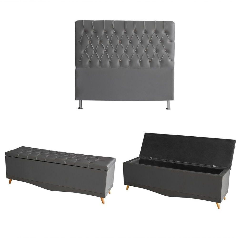 Kit Estrela Cabeceira De Cama Box E Calçadeira Baú Pés Palito Botão Cristal Casal 140 Cm Suede Grafite Do Lar Móveis