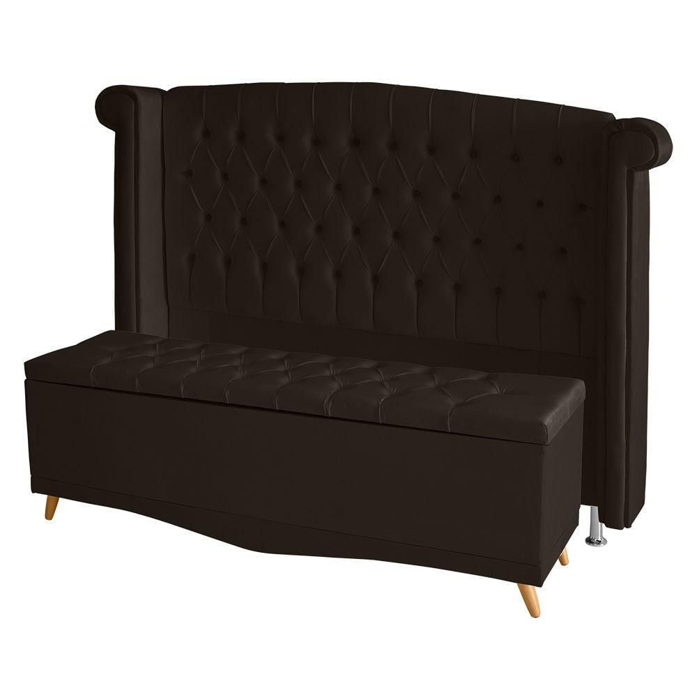Kit Cabeceira De Cama Box E Calçadeira Baú Luxo Queen 160 Cm Suede Marrom Do Lar Móveis
