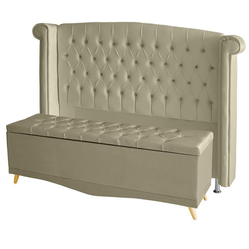 Kit Cabeceira De Cama Box E Calçadeira Baú Luxo Casal 140 Cm Suede Bege Do Lar Móveis