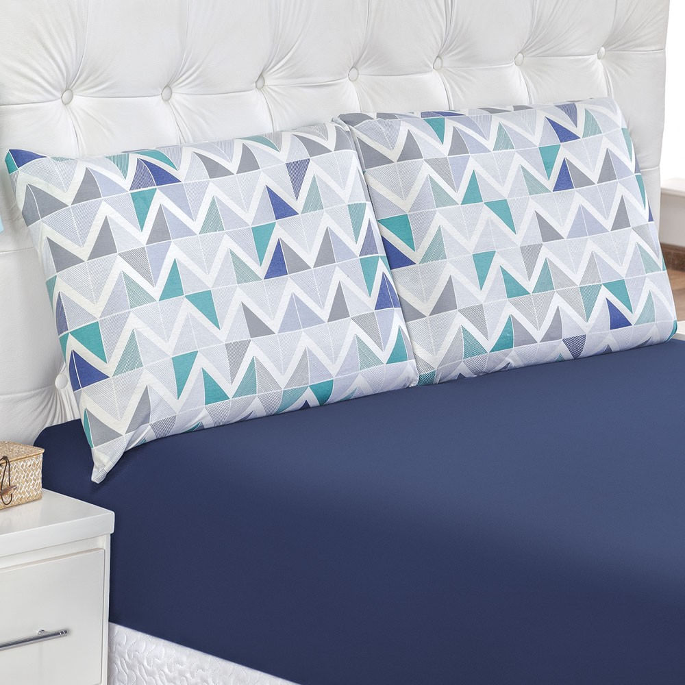 Jogo de Cama Lençol Siena Casal Malha Estampada 100% Algodão 3 Peças - Azul Geométrico
