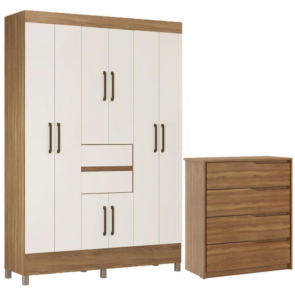 Kit Guarda Roupa Casal 8 Portas Munique Cômoda Atria Amêndola Touch Off White