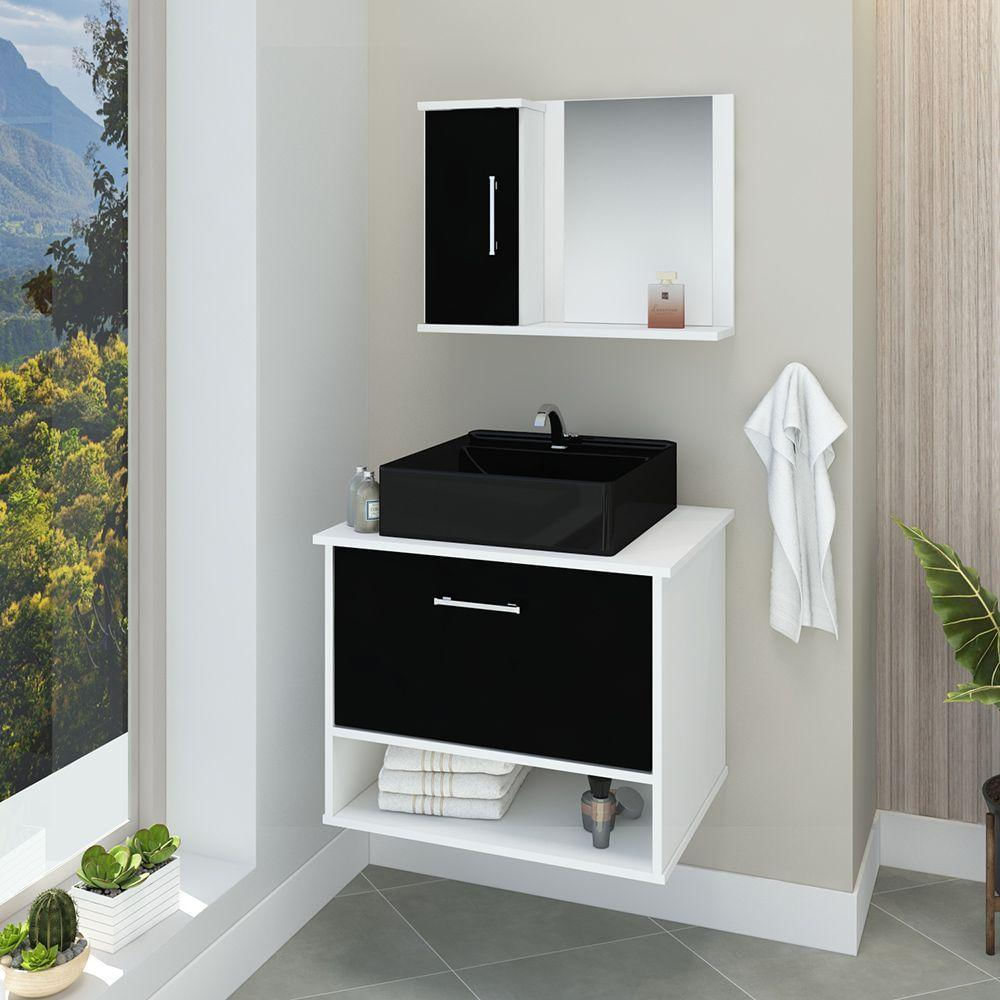Conjunto Gabinete Banheiro Superior E Inferior 2 Portas 1 Nicho Malibu - Preto - Com Cuba Preta - Preto