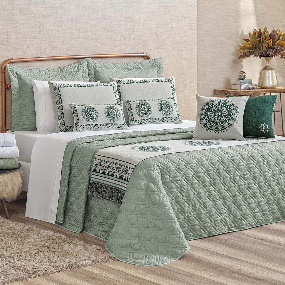 Kit Cobre Leito Colcha Tierry Queen 5 Peças Hipercal 180 Fios - Verde Malva