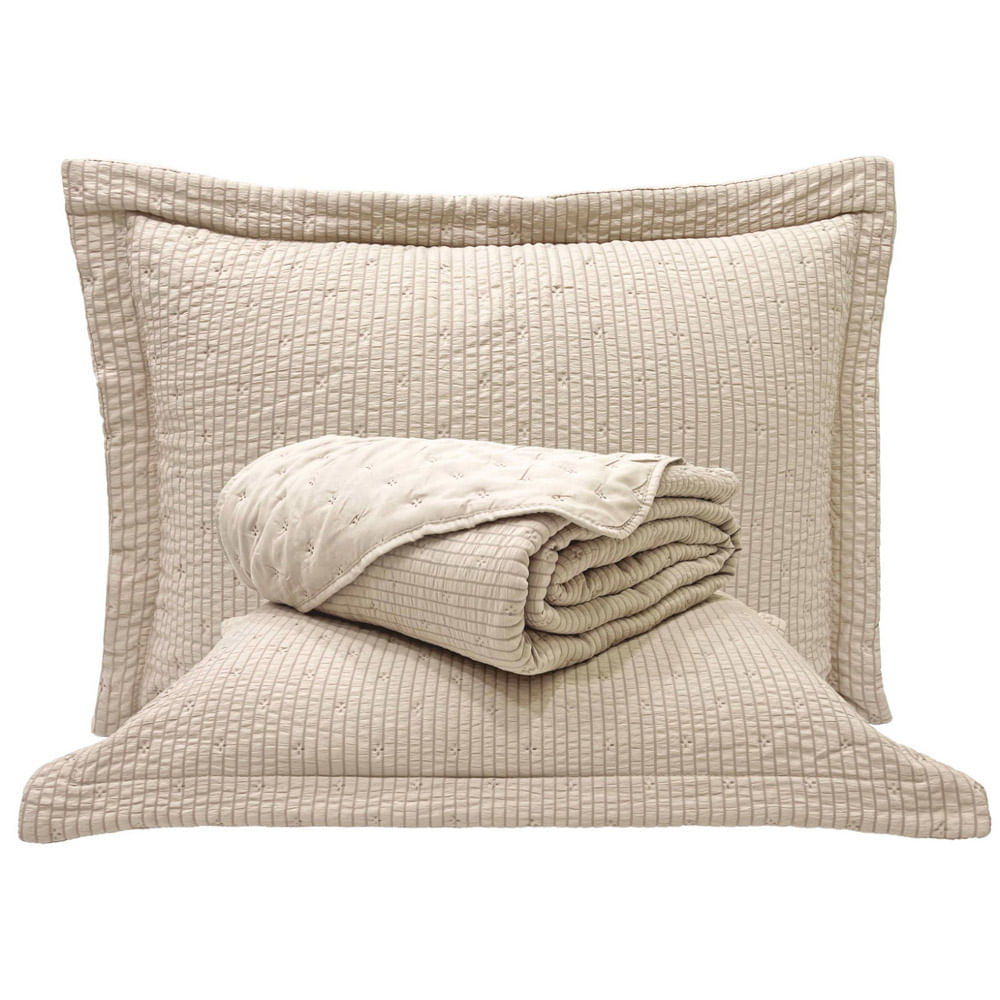 Kit Cobre Leito Colcha Anabela Queen Dupla Face Texturizado Percal 300 Fios 3 Peças - Bege