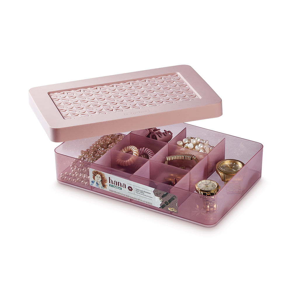 Caixa Organizadora Ordene em Plástico Rosa para Joias com Divisórias 31,5x20x6,2cm