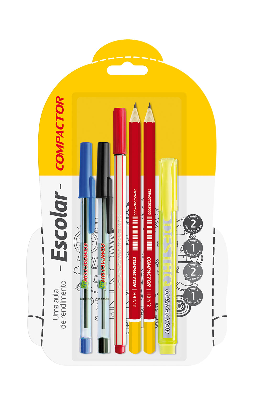 Kit Escrita Compactor com 3 Canetas, 2 Lápis e 1 Marca Texto Amarelo