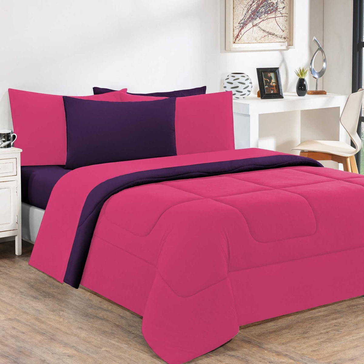 Kit Edredom + Jogo De Lençol Malha 100% Algodão Gran Moratta 7 Peças King - Pink /Roxo