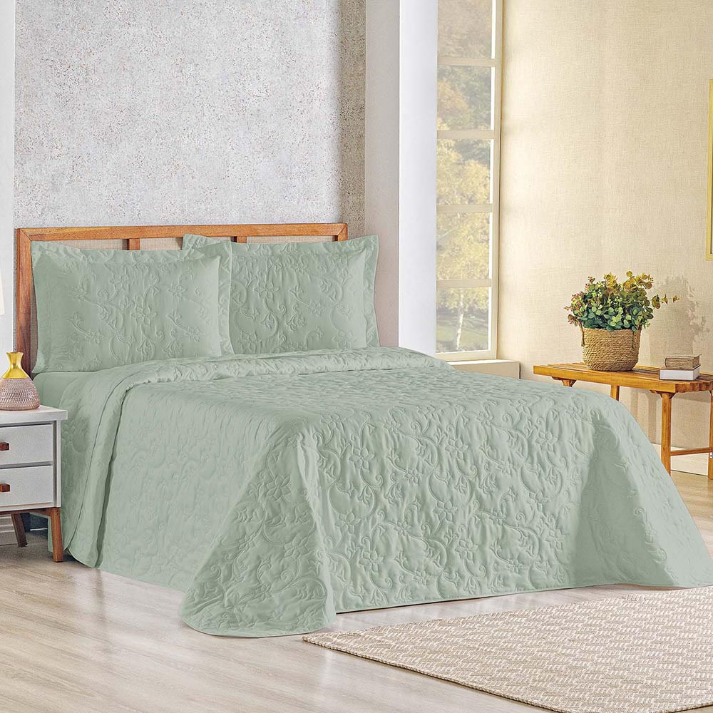 Kit Cobre Leito Colcha Celeste Queen 3 Peças Matelado Floral 180 Fios - Verde Malva