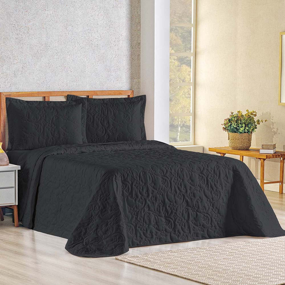 Kit Cobre Leito Colcha Celeste Queen 3 Peças Matelado Floral 180 Fios - Preto