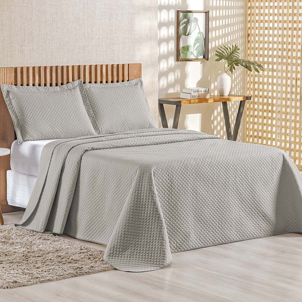 Kit Cobre Leito Colcha Ideale Queen 3 Peças Matelado Geométrico - Cinza - 100% Poliéster