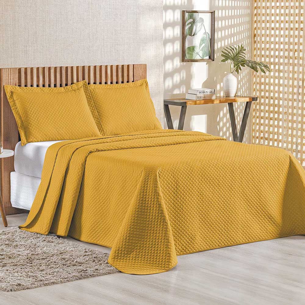 Kit Cobre Leito Colcha Ideale Queen 3 Peças Matelado Geométrico - Mostarda - 100% Poliéster