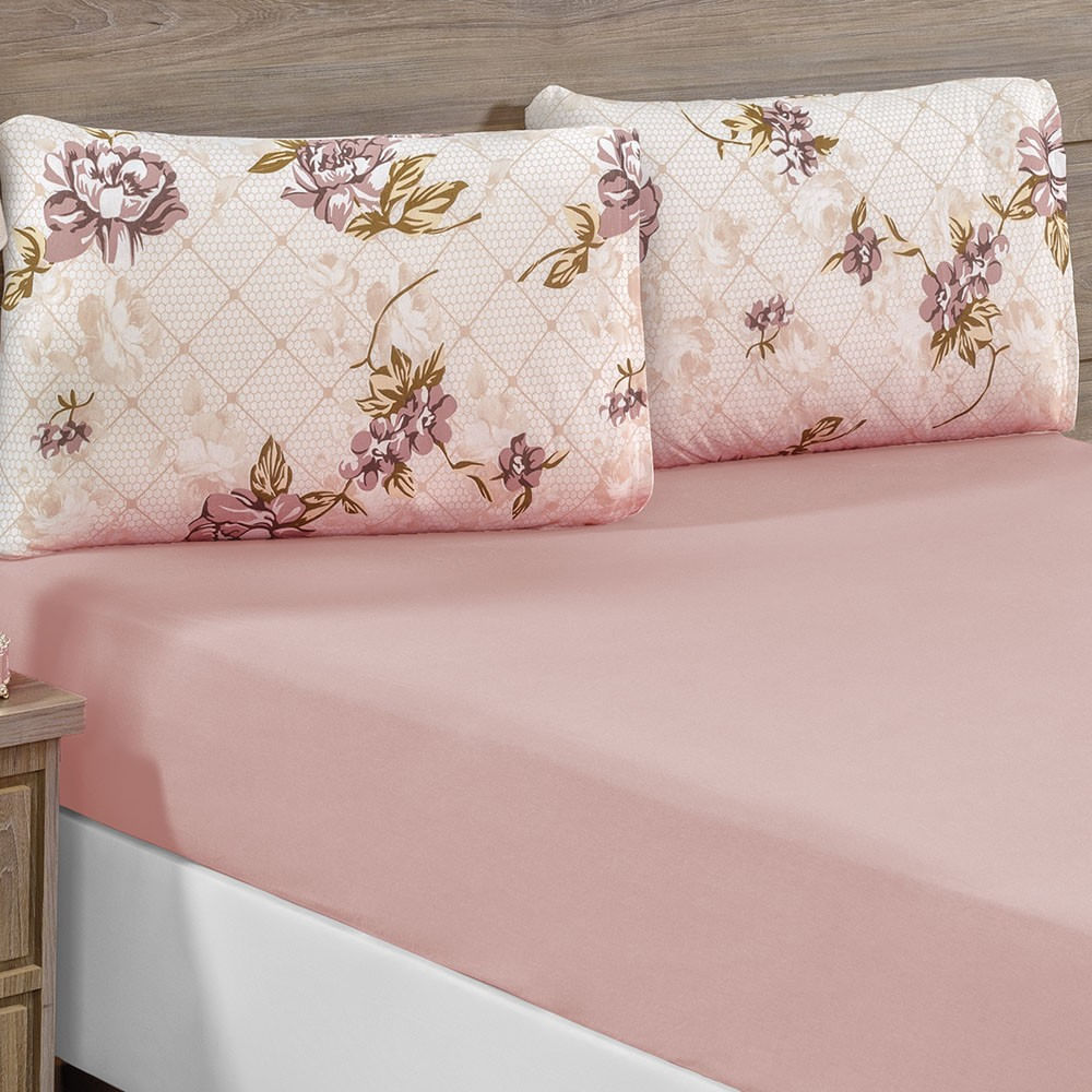Jogo de Cama Lençol Siena Queen Malha Estampada 100% Algodão 3 Peças - Rosê Florido