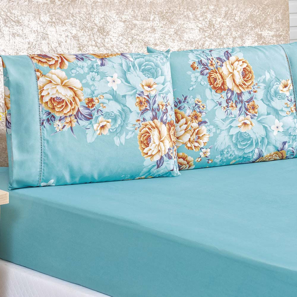 Jogo de Cama Lençol Diamond King Tecido Micro Percal 200 Fios 3 Peças - Azul Turquesa Florido