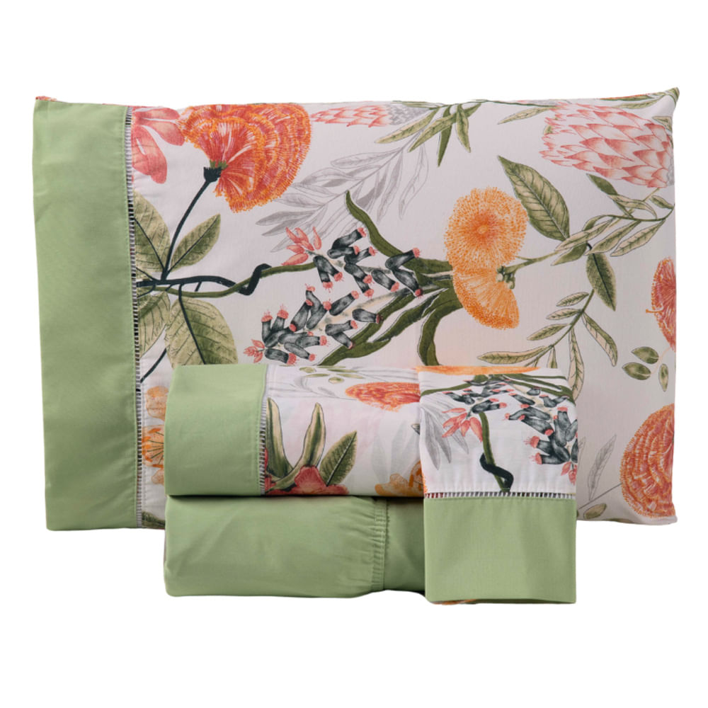 Jogo Cama Lençol Encanto King Estampado Percal 180 Fios c/ Ponto Palito 4 Peças - Floral - Cinza