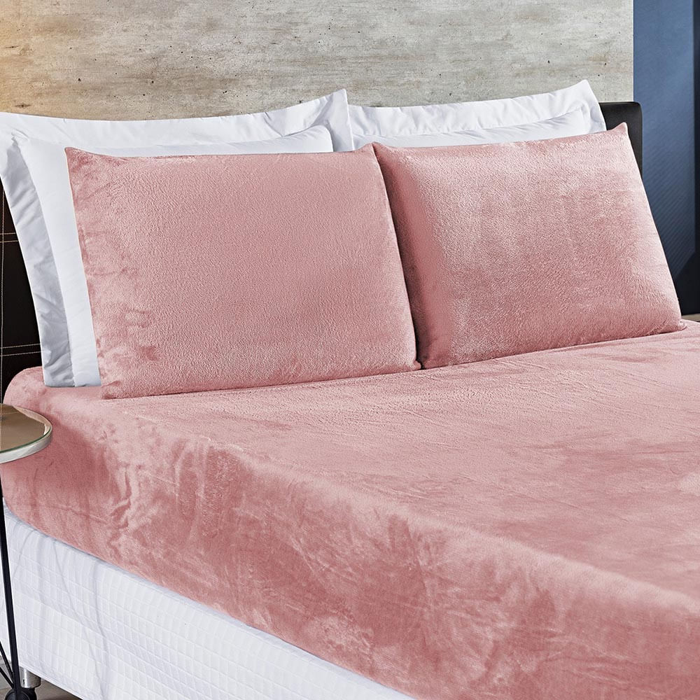 Jogo Cama Lençol Casa Scarpa BiaSoft Queen Manta Flannel Quente 3 Peças - Rosa